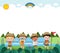kids summer camp background education Banner Template,group of kids Scouts goes on a long walk in the forest
