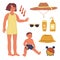 Kids sun protection vector flat illustration. SPF cream and protective stuffs for skin.