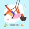 Kids on swings enjoying summer. Vector illustration