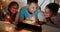 Kids, tablet and a father with his girls in a bedroom tent together, reading a story online or browsing social media