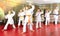 Kids at taekwondo workout, training attack movements