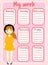 Kids timetable with beautiful teen character. Weekly planner for girls. School schedule design template