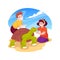 Kids touching a turtle isolated cartoon vector illustration.