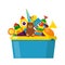Kids toy box full of toys. Cubes, whirligig, duck, ball rattle, pyramid, pipe, bear, ball, rocket, tambourine, boat. Modern flat