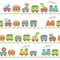 Kids toy train pattern. Children railroad toys, baby trains transport on rails and kid railway seamless vector