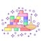 Kids toys blocks building and whirligig. Flat outline style illustration.