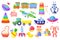 Kids toys. Cartoon rocket, ship, train, cute girl doll, duck, plush bunny, alphabet cubes. Colorful plastic toy for