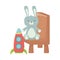 Kids toys cute rabbit sitting on chair with rocket object amusing cartoon