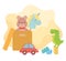 Kids toys object amusing cartoon bear unicor in box and car dinosaur blocks