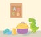 Kids toys object amusing cartoon dinosaur blocks and lunch box