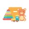 Kids toys object amusing cartoon teddy bear pyramid train and cardboard box