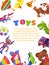 Kids toys poster. Kid toy brochure cover design pyramid piano rattle car rabbit duck, flat vector template