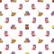 Kids toys. Seamless pattern children playthings doll, whirligig and bear on white background, childish texture for