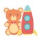 Kids toys teddy bear and rocket object amusing cartoon