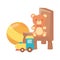 Kids toys teddy bear sitting on chair with ball and train object amusing cartoon