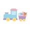 Kids toys train wagon bear elephant ball icon design white background