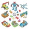 Kids toys vector cartoon boyish games in playroom and playing with car or children blocks illustration isometric set of