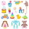 Kids toys vector icons set. Color toy for baby boy and girl, cartoon illustration