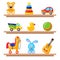 Kids toys on wood shop shelves. Including horse, teddy bear, ball, cubes toys