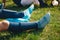 Kids on training session with roller foams. Children soccer football players stretching after workout training