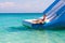 Kids on trampoline on tropical sea beach