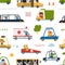 Kids transportation, animal in car seamless pattern. Cute animals racers, ride vehicle comic characters. Baby racing