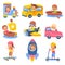 Kids transportation. Children in carriage vehicles, little travellers, young drivers in train and rocket, ship and plane