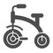Kids tricycle solid icon. Children`s tricycle bike vector illustration isolated on white. Baby bike glyph style design