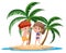 Kids on the tropical island posing beside surf board cartoon character on white background