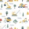Kids truck seamless pattern. Doodle trucks, construction vehicles with crane. Children apparel print template with car