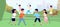 Kids tug of war. Outdoor child games, cartoon kid competition. Girl boy pull rope, play badminton or with dog flat utter