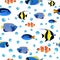 Kids underwater background. Undersea fish seamless pattern with bubbles