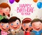 Kids vector characters singing happy birthday and happy playing musical instruments