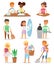 Kids vector cleaning rooms and helping their mums housework cartoon characters clean up illustration colorful set with