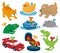 Kids vector toys clockwork key mechanism mechanic cartoon animals in toyshop for child clock work car and boat in