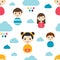 Kids wall paper pattern. Color children smiling faces and clouds.