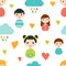 Kids wall paper pattern. Color children smiling faces with heart and clouds.