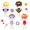Kids wearing colorful costumes of different superheroes retro set isolated on white background cartoon vector