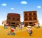 Kids wearing cowboy costume and playing with western town background