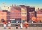 Kids wearing monsters costumes walking town holiday concept cityscape background tricks or treat happy halloween cartoon