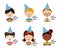 Kids wearing party hats and blow cake in birthday party vector set design