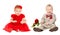 Kids Well Dressed, Elegant Baby Girl in Red Dress, Boy in Suit with Flower