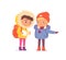 Kids in winter adventure, girl and boy with backpack hiking, child scout holding map