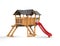 Kids wooden playhouse with red slide and black roof