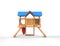 Kids wooden playhouse with red slide and blue roof - back view