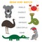 Kids words learning game worksheet read and match. Funny animals koala ostrich parrot crab crocodile snake Educational Game for Pr