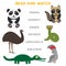 Kids words learning game worksheet read and match. Funny animals ostrich raccoon snake crocodile panda parrot Educational Game for