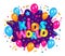 Kids world - fun colorful confetti explosion banner for children entertainment zone with balloons and stars