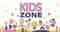 Kids zone background decor banner with happy playful kids in hand drawn style.