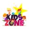 Kids zone banner with group of little boys and girls playing.